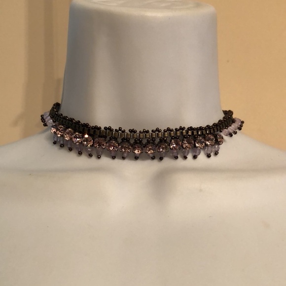 VINTAGE brass sparkling pink crystals choker collar necklace dressy statement. - Picture 4 of 5